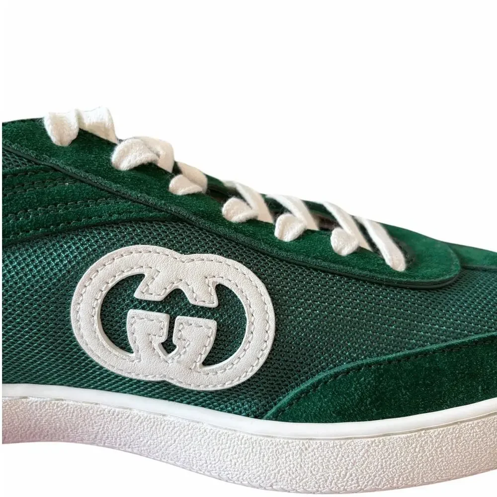 Gucci Mens G74 Interlocking G Sneakers Green Suede Low Top Size 12 US 12.5 New